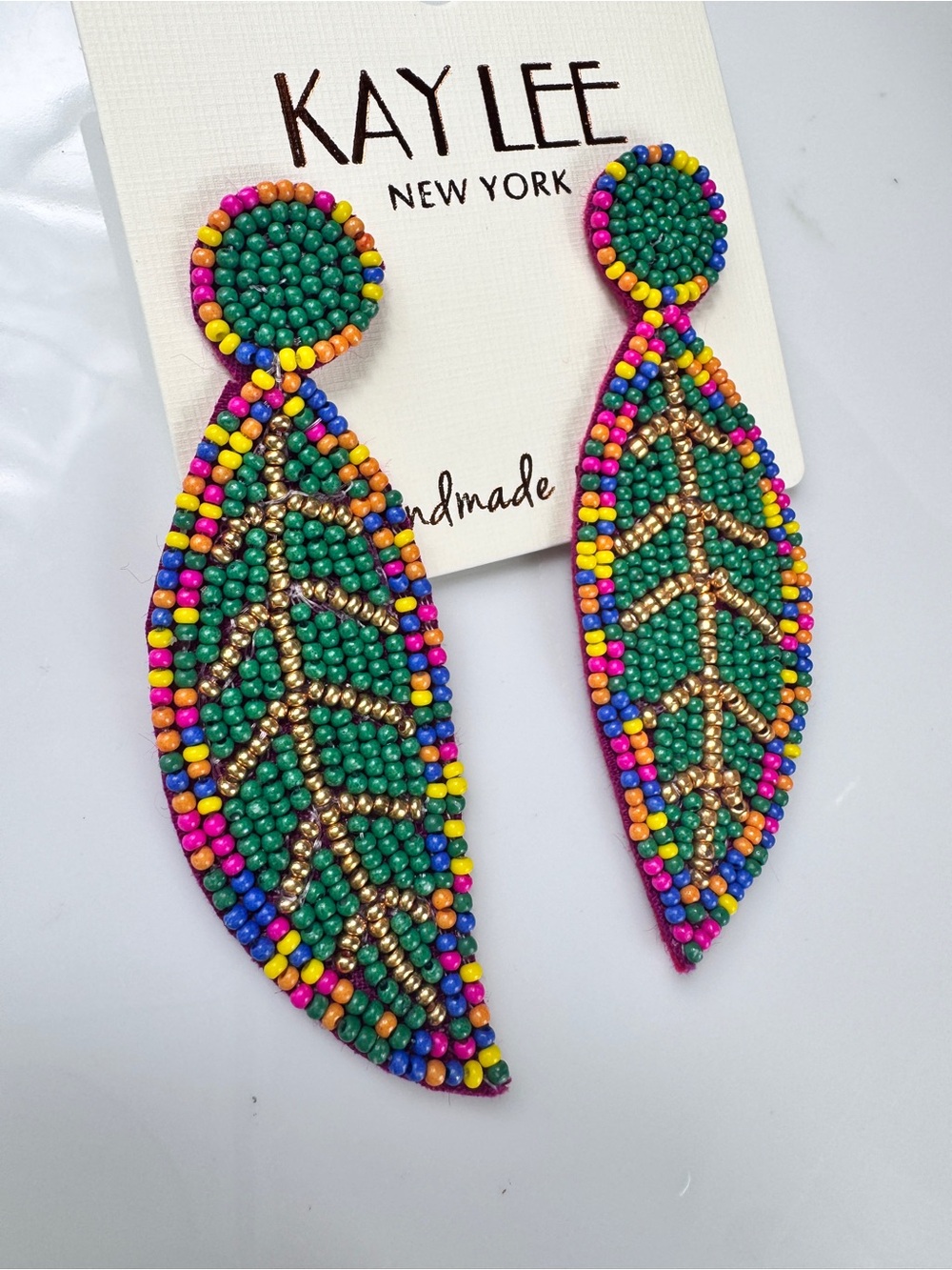 Green Multicolor Beaded Leaf Drop Earrings - Picture 2 of 6